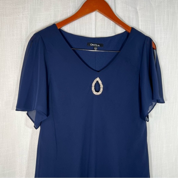 Onyx Nites Navy Flutter Sleeve Chiffon Shift Ruffled Hem Party Dress Sz 8 - Picture 4 of 9